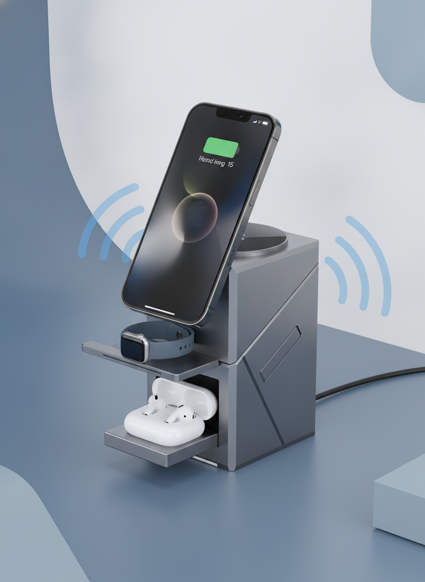3-in-1 magnetic wireless charging station, twisted open with an iPhone, Apple Watch, and AirPods charging. Slate blue and whi