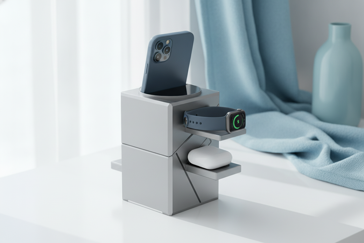 A 3-in-1 magnetic wireless charging station, twisted open, charging an iPhone, Apple Watch, and AirPods on a white surface wi