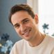Smiling person in their late 20s to early 30s, casually dressed, against a soft blue and white background, exuding satisfacti